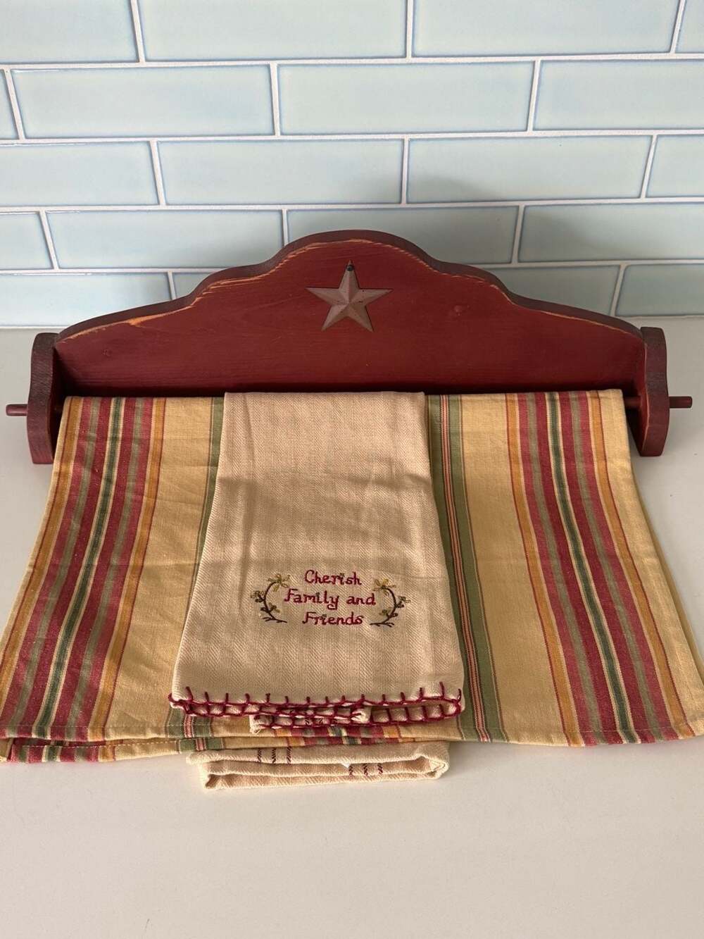 Primitive Red Wooden Towel Rack and Striped Tea Towel Set